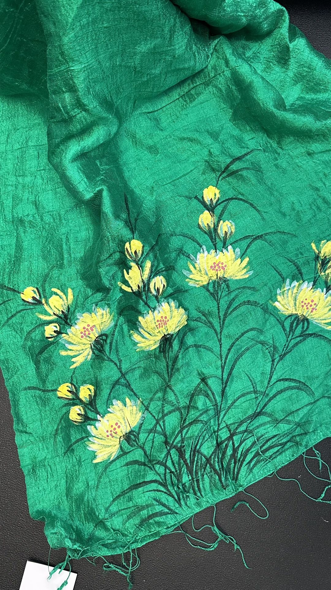 Handcrafted Vietnam Handpainted Silk Green Floral Embroidered Scarf