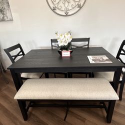 Black 6pc Dining Set + Bench 