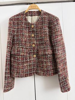 Multicolor Tweed Blazer with Gold Crest Buttons – Collarless Lined Jacket