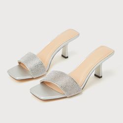 Womens Silver Rhinestone High Heel Slide Sandals