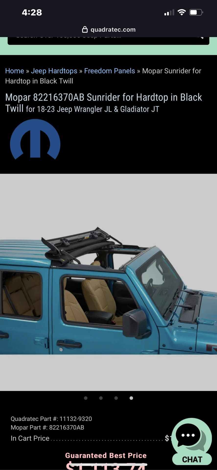 Mopar Sunrider for Hardtop in Black Twill for 18-23 Jeep Wrangler JL & Gladiator JT