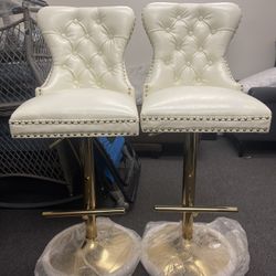 658 Modern Adjustable Leather Bar Stool Set of 2 with High Back and Gold Base, Cream White - 2 Pieces 