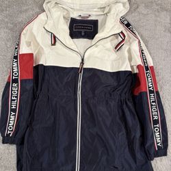 Tommy Hilfiger Women's Hooded Windbreaker Jacket Logo Tape Red White Blue Size M