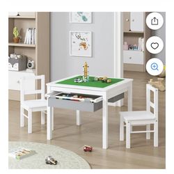 STAROUS Wooden 2 In 1 Kids Construction Play Table and 2 Chairs Set with Storage Drawers 