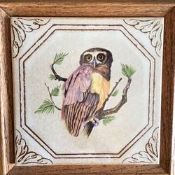 Vintage Handcrafted Decorative Ceramic & Wood Owl Tile Wall Art