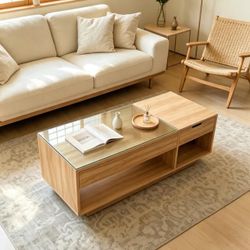 47in Led coffee table /Modern Wooden Center/ Lighted & Electric Living Room Accent Table with Glass Table