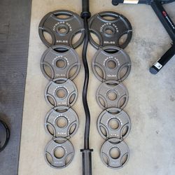Olympic Weight Plates (2x25Lbs,2x10Lbs,4x5Lbs,2x2.5Lbs) and EZ Curl Bar for $130 Firm (WALNUT 91789)