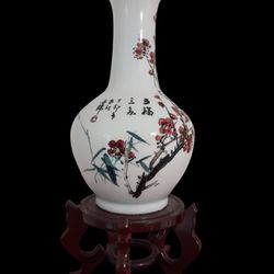 12" VINTAGE Red Black White ASIAN PORCELAIN BUD VASE  TREE Marked Signed.