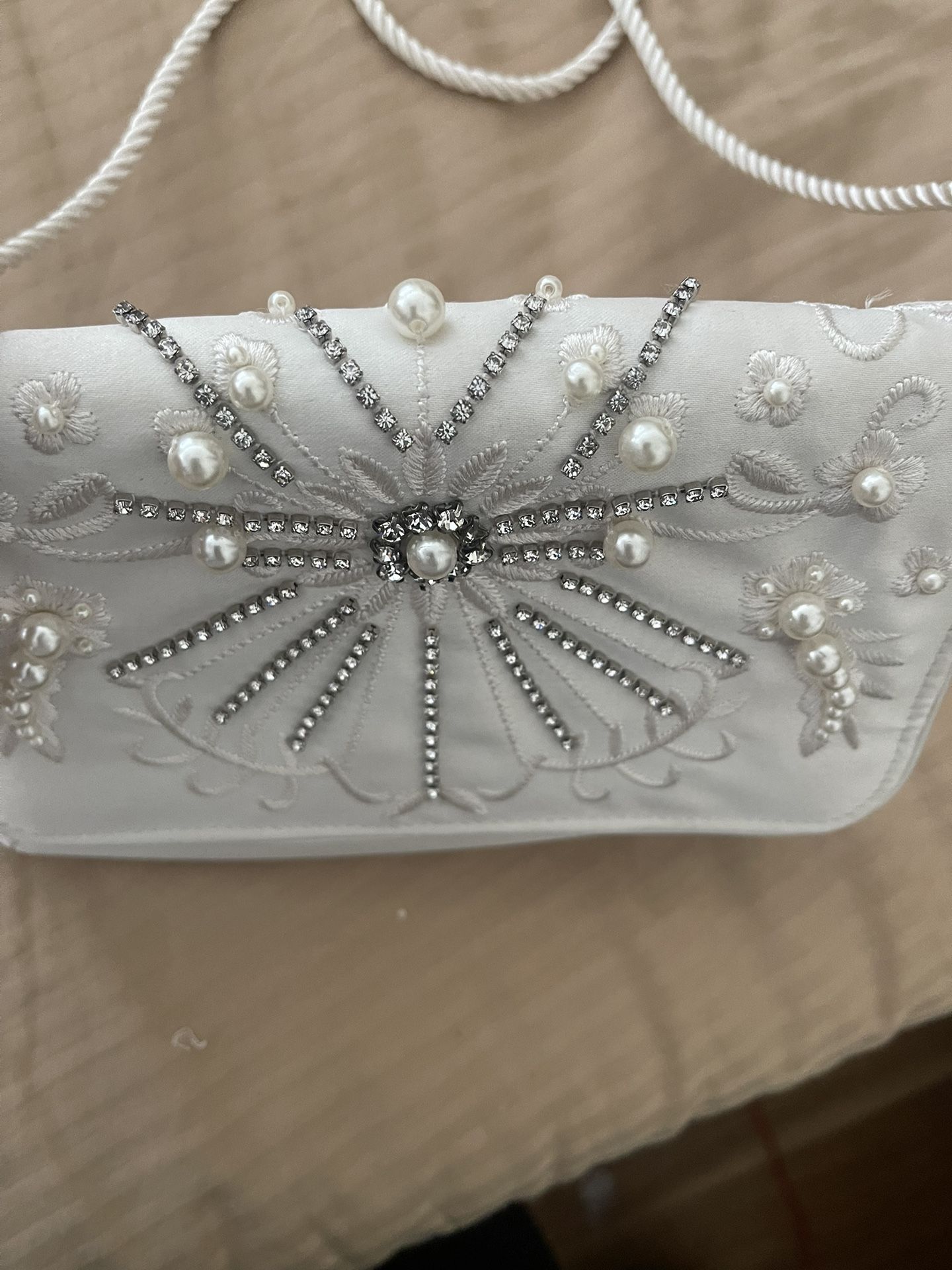 White Satin Wedding Bridal Purse Bag With Crystals and Rhinestones And Pearls
