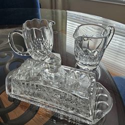 $25.00 - "Bundle Price" Offer!  Elegant Butter Dish with Top + Sugar & Creamer Set!  All Different Glass/Crystal Designs!  Like New!