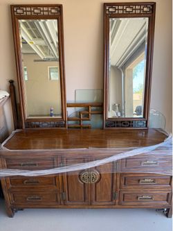 Solid Pecan Wood Dresser, Mirrors, Nightstands, and Queen Size Headboard