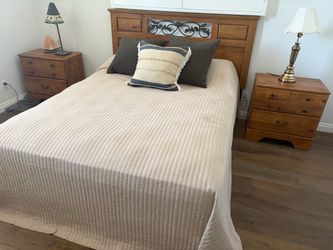 bed, oak wood headboard, and two dressers bed, headboard, and two dressers