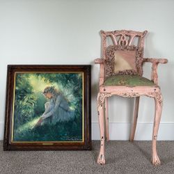 Lovely Antique Doll Chair And Framed Fairy Print