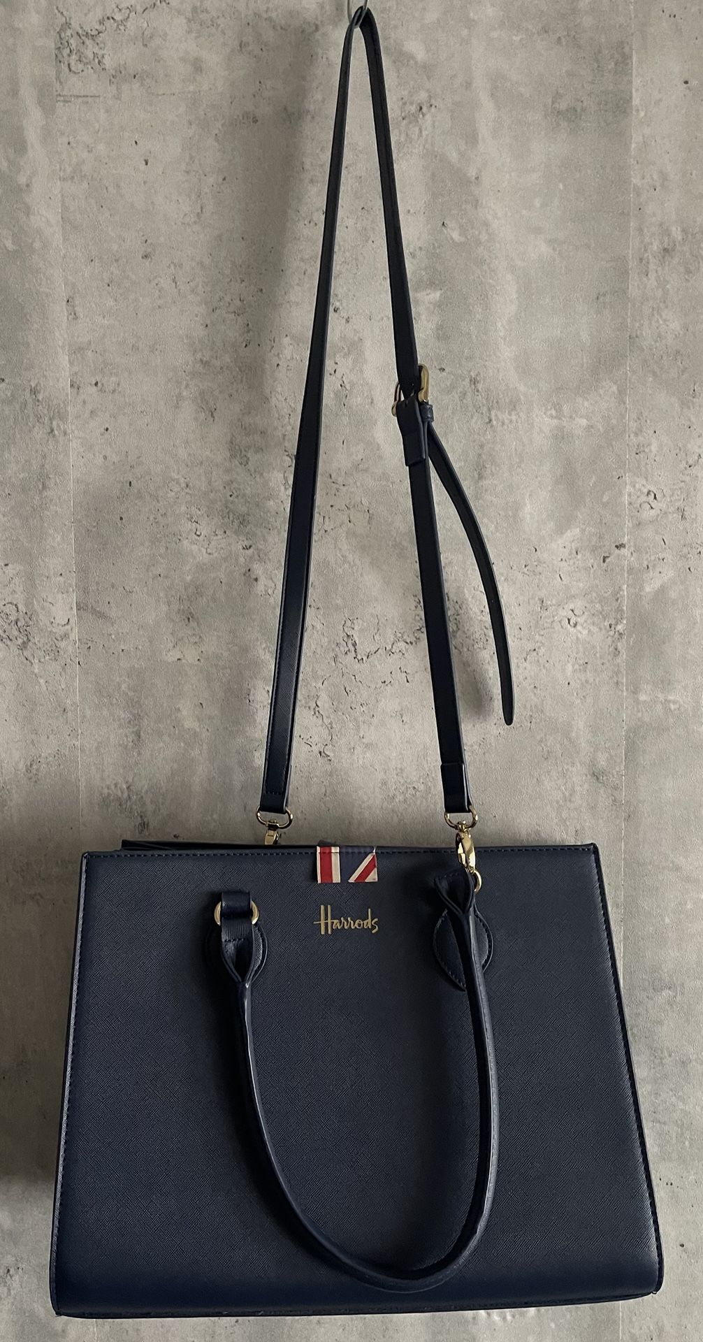 Harrods of London Navy Blue Saffiano Leather Crossbody Satchel Dual Shoulder Bag