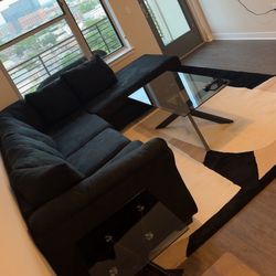 Black Sectional Couch , Rug & Table