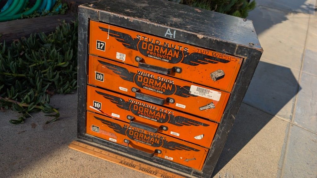 Vintage Dorman Hardware Chest Heavy Gauge Metal 4 Drawers Car Part Hardware Steel Toolbox Storage Man Cave Garage Stackable Auto Box