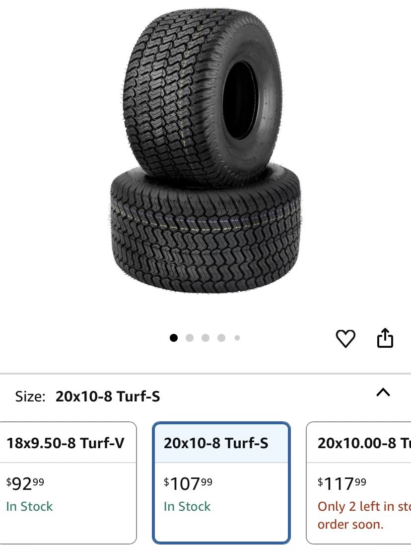 (2 Pack) 20x10.00-8 Lawn Mower Tubeless Tire, 20x10-8 Garden Tractor Riding Lawnmowers Tyre, 4 Ply, Turf-V Pattern