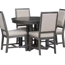 Farmhouse 5-Piece Black Wood Top Extendable Round Dining Table Set with 4-Upholstered Chairs