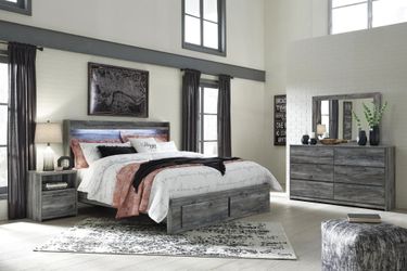 Gray Wood Led lights Bedroom Set with Storage