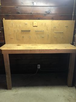 Custom Made Very Solid Work Bench All Wood 2x4’s On End Glued And Fastened Skined With 3/8” Masonite