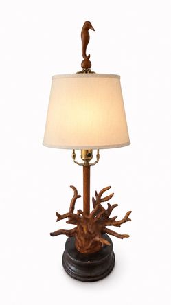Vintage Sculptural Root Wood Table Lamp Bird Finial Organic MCM 29” Tall