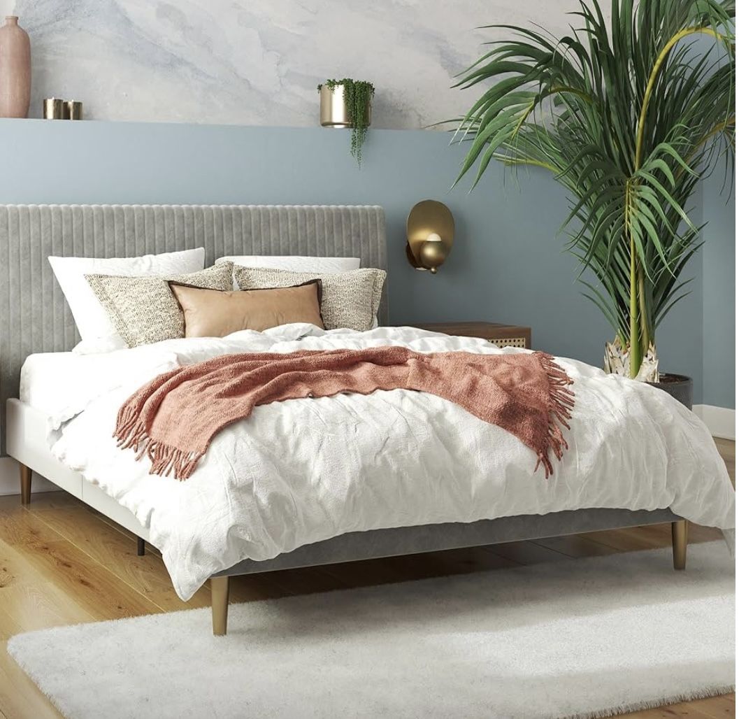 Mr. Kate Daphne Upholstered Queen Bed Frame with Headboard, Modern Platform Velvet Queen Bed Frame, Light Gray Velvet