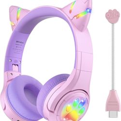 Cat Ear Kids Bluetooth Headphones with LED Light Up,Safe 85dB Volume Limit,Built-in Mic&Boom Mic for Calls