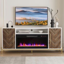 68" Wood TV Stand with 36" Electric Fireplace, Entertainment Center with Storage Cabinet, Console Table for TVs up to 75 Inches