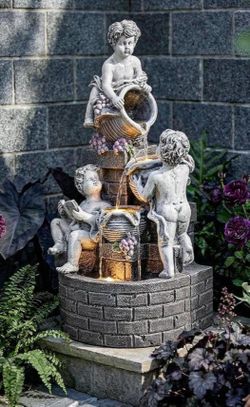 21-Inch Outdoor Water Fountain, 4-Tier Cascading Resin Cherub Garden Fountain with 3 LED Lights, European Style Decorative Water Feature for Backyard,