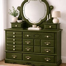 Vintage Olive Green Dresser w/ Detachable Mirror