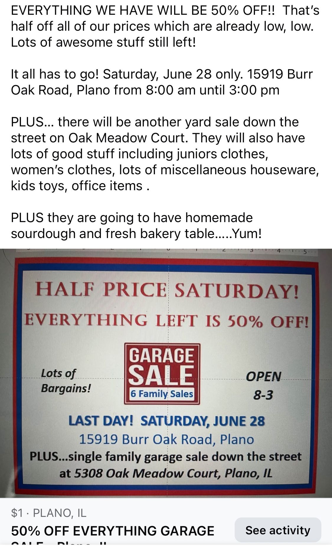 50% OFF Last Day GARAGE SALE - Plano, IL - 6/28 Only!