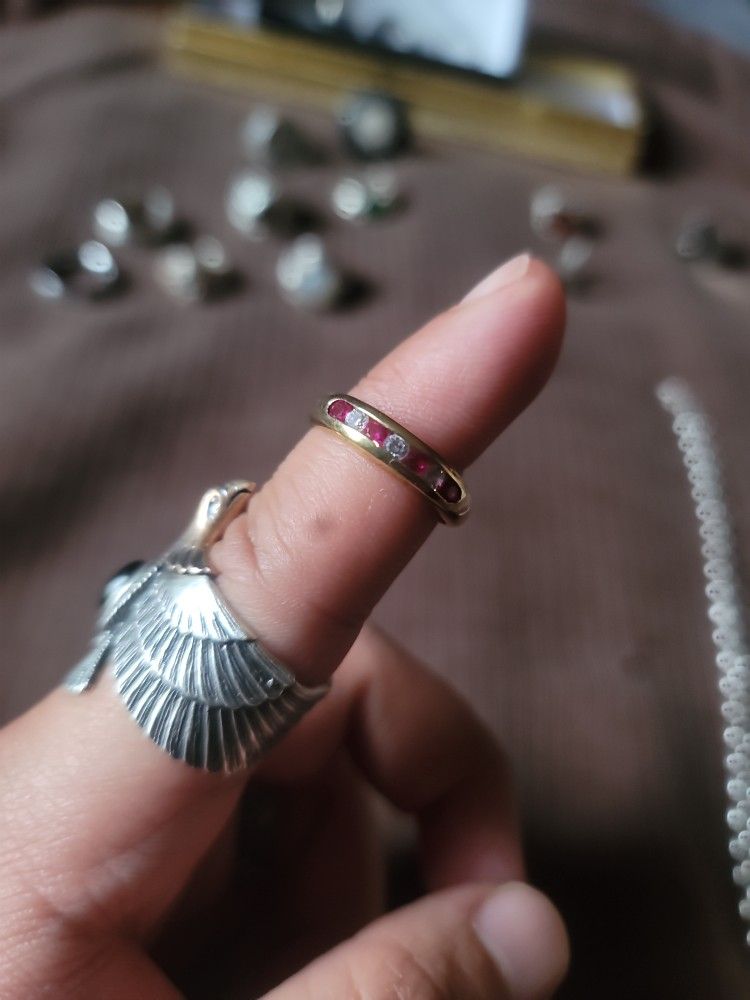 Gold Plated 925 Sterling Silver Ring With rubies and natural Diamonds  Size 8-8.5