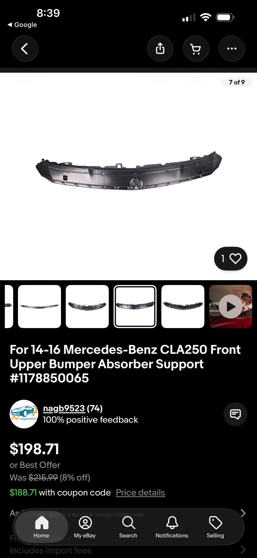 For 14-16 Mercedes-Benz CLA250 Front Upper Bumper Absorber Support #11(contact info removed)5