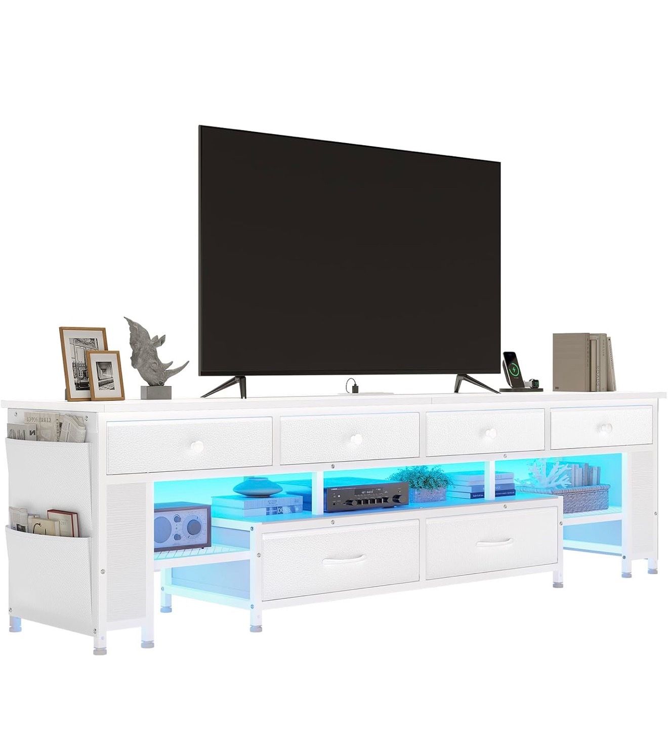 White Entertainment Tv Stand with Fabric Drawers