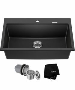 KRAUS Quarza 31-Inch Drop-In/Undermount Single Bowl Granite Kitchen Sink In Black Onyx, KGD-412B