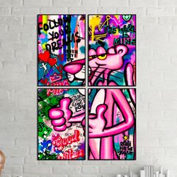4 Piece Modern Pink Panther Art Picture Poster Print With Borderless Glass Frames.