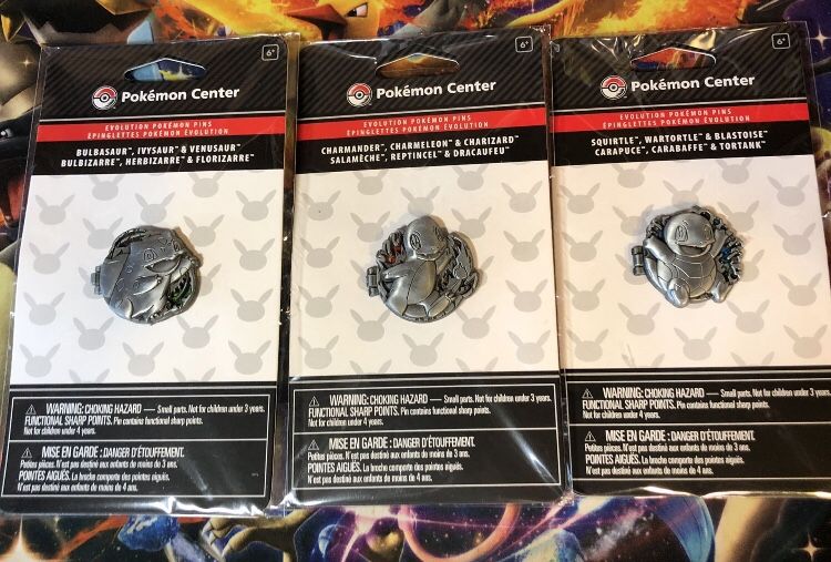 3x Pokémon Center Exclusive Metal Pins Bulbasaur Charmander & Squirtle 