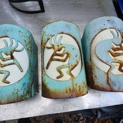 3 Vintage Kokopelli Exterior Wall Sconce Shades Heavy Steel And Fiberglass Great Weathered Patina