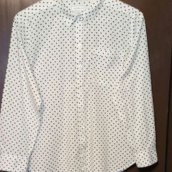 Liz Claiborne White/Navy Blue Polka Dots Button Up Long Sleeve Shirt 