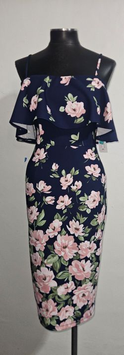 Premier Amour Navy Floral Cold-Shoulder Ruffle Midi Dress size 2