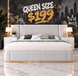 Queen Size Gray Canary Modern Upholstered Platform Bed Frame.