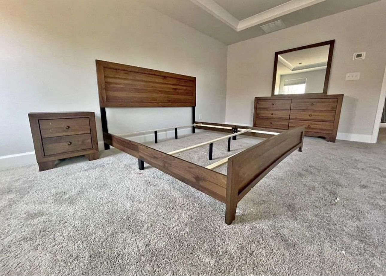$600 3 PIECE QUEEN BEDROOM SET affordable. (Bedframe, dresser, mirror, and nightstand)
