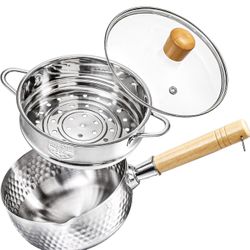 Stainless Steel Saucepan with Steamer, 1.2 Quart Yukihira Sauce Pan with Lid, Traditional Japanese Small Cooking Pot with Wood Handle and Two Side Spo