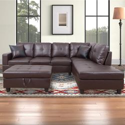 Brown Faux Leather Sectional Sofa with Ottoman