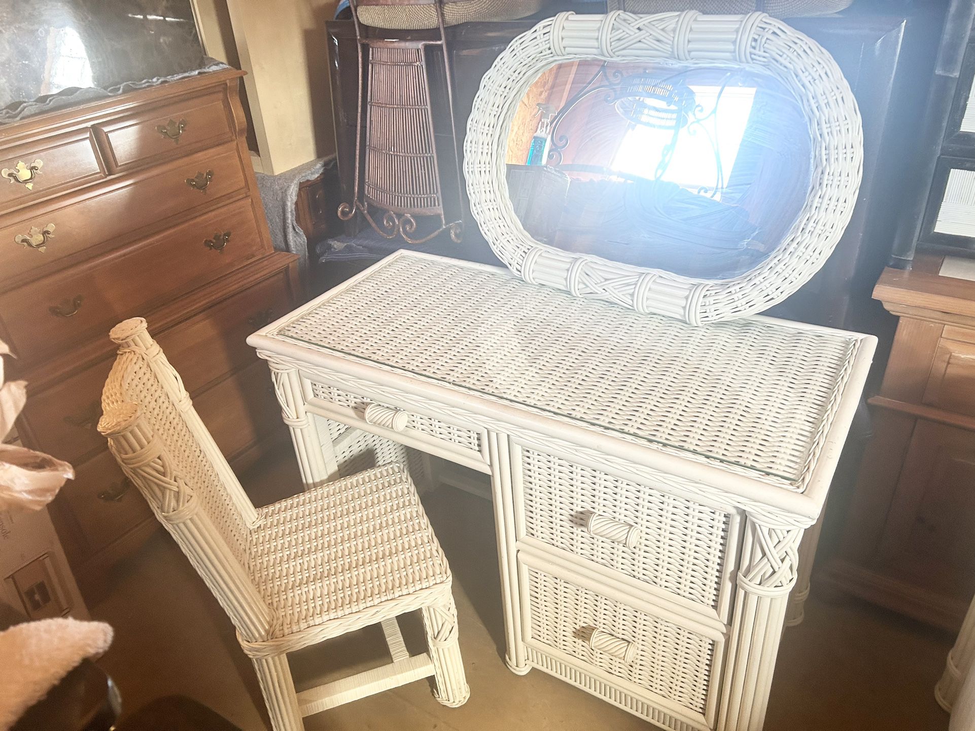 Wicker Desk With Glass Top And Mirror And Chair 