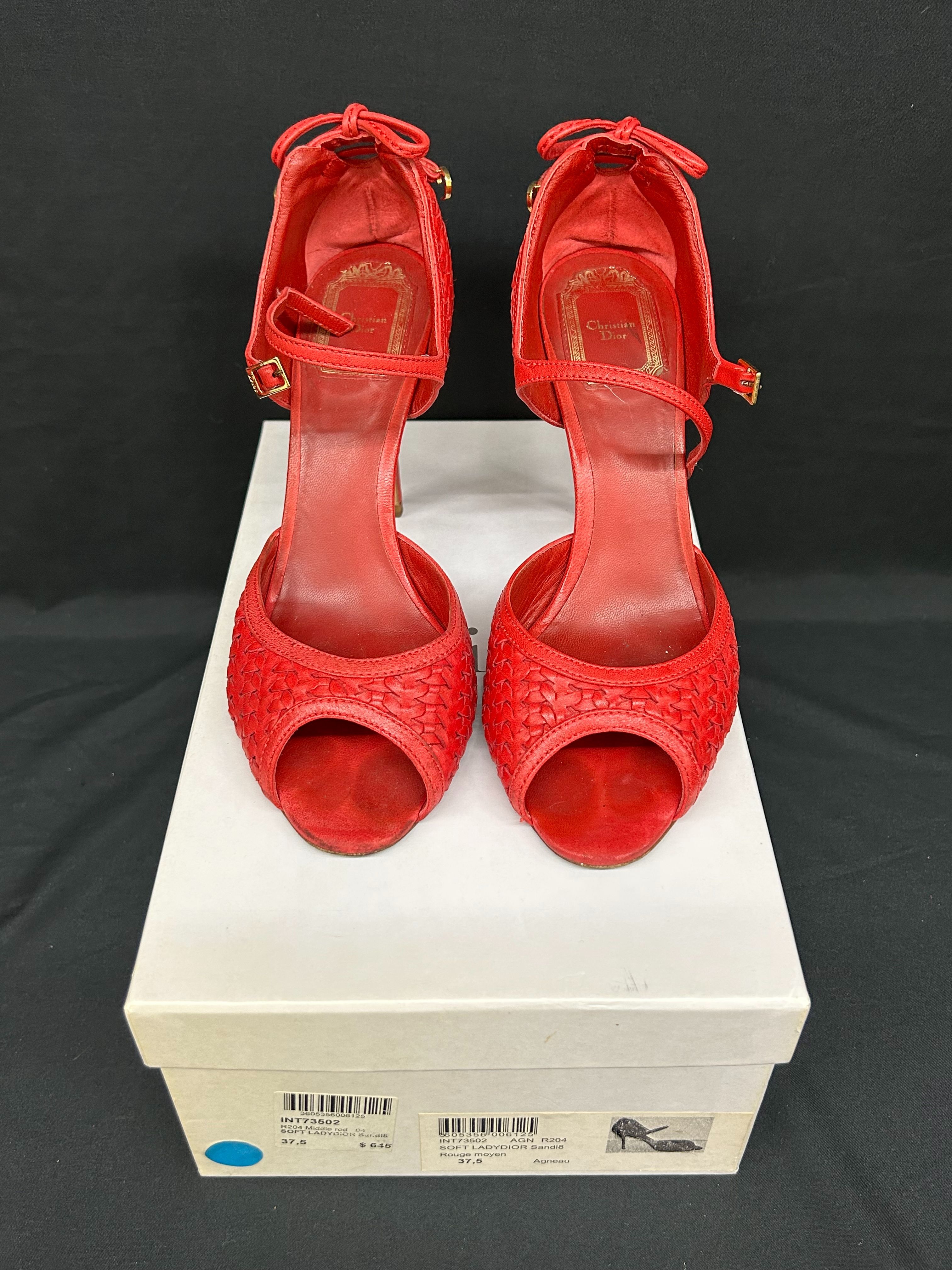 Christian Dior Soft Lady Dior Red Leather Woven Peep Toe Heels Shoes 37.5 7.5