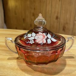 Beautiful  Hand Painted  Ruby Glass Candy Dish “1971”