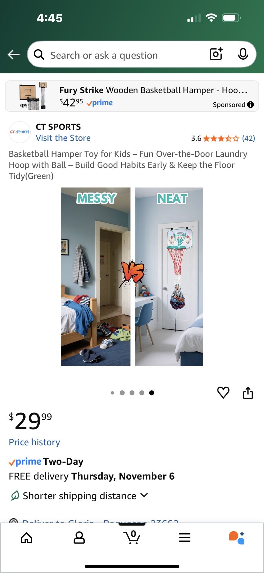 $15-Basketball Hamper Toy for Kids - Fun Over-the-Door Laundry Hoop with Ball - Build Good Habits Early & Keep the Floor Tidy(Green)