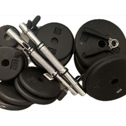 117lbs of 1” cast iron weight plates with 2 Dumbell Loading Bars for 1” weights + Hand Grip