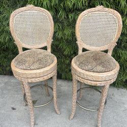 pair of beatiful carved sculpted wood cane backrest cushioned seat swivel counter height stools chairs vintage regency